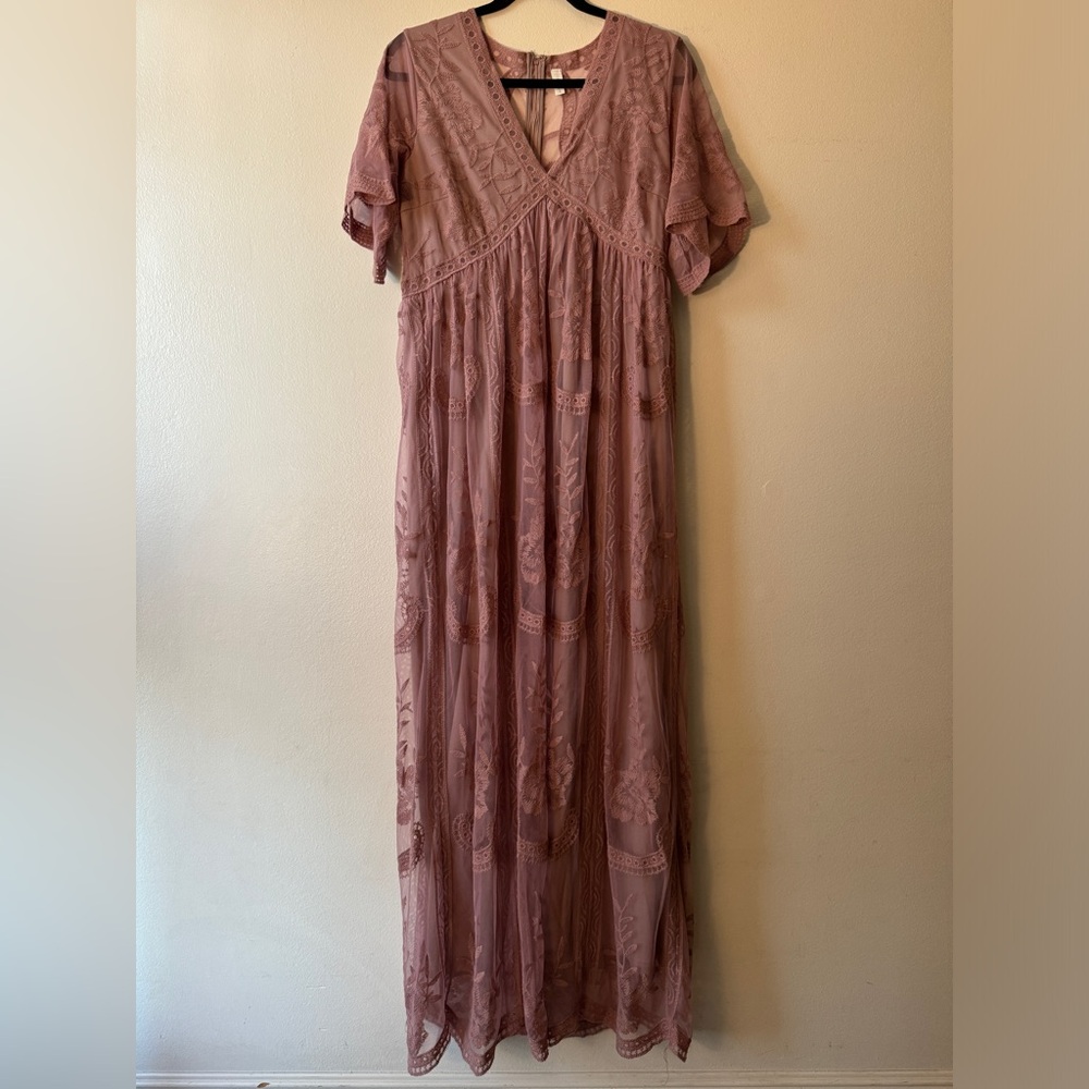 PinkBlush Mauve Lace Mesh Overlay Maternity Maxi Dress